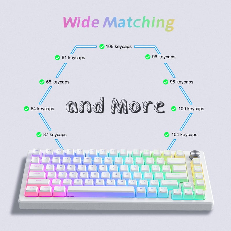 Womier Pudding Keycaps, PBT Shine Through Keycaps 165 Keys Set Custom Key caps Set OEM Profile, Universal Compatiability for 100%, 75%, 65%, 60% Keyboard-White - Image 2