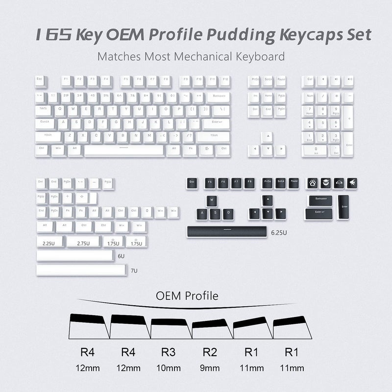Womier Pudding Keycaps, PBT Shine Through Keycaps 165 Keys Set Custom Key caps Set OEM Profile, Universal Compatiability for 100%, 75%, 65%, 60% Keyboard-White - Image 3