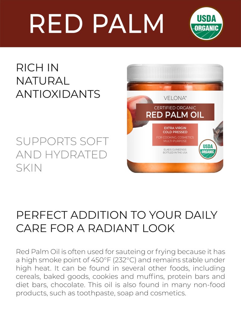 velona USDA Certified Organic Red Palm Oil 16 Fl Oz | Food and Cosmetic Grade | in jar | Extra Virgin, Cold Pressed | Skin, Face, Body, Hair Care | Use Today - Enjoy Results - Image 2