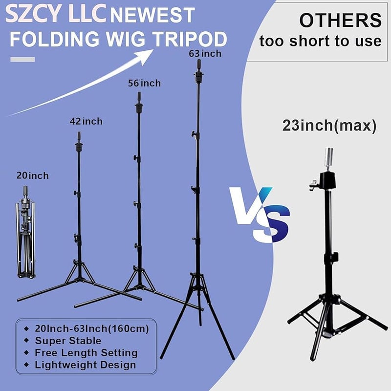 اس زد سي واي ال ال سي Mannequin Head Stand, Adjustable Foldable Wig Stand Tripod, Reinforced Metal Mannequin Head Tripod Stand for Cosmetology Hairdressing Training - Image 3