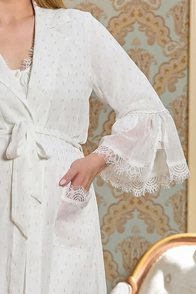 Cossy By Aqua 25138 Maternity and Postpartum Lace Detailed Chiffon Dressing Gown-Cream  - Image 3