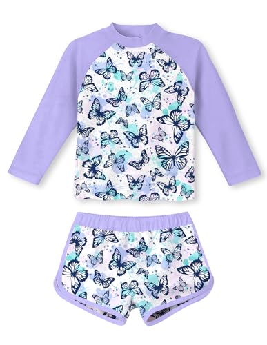 Vogseek Butterflies Girls Rash Guard Swimsuit Size 10 Purple Two Pieces Tankini Swimwear Sets UPF 50 Sun Protection Swiming Shirt Kids Beach Bathing Suit 910 - Image 1