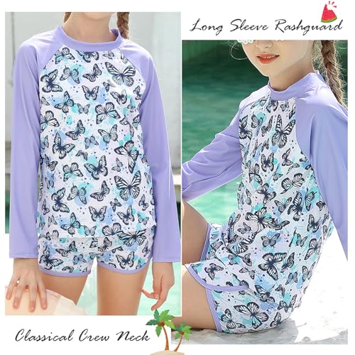 Vogseek Butterflies Girls Rash Guard Swimsuit Size 10 Purple Two Pieces Tankini Swimwear Sets UPF 50 Sun Protection Swiming Shirt Kids Beach Bathing Suit 910 - Image 3