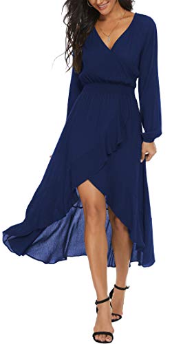 Kormei Women Long Sleeve V Neck Floral Maxi Dress High Low Flowy Party Long Dresses L D10-Blue - Image 1