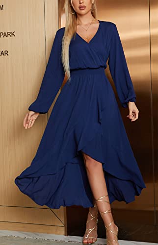 Kormei Women Long Sleeve V Neck Floral Maxi Dress High Low Flowy Party Long Dresses L D10-Blue - Image 3