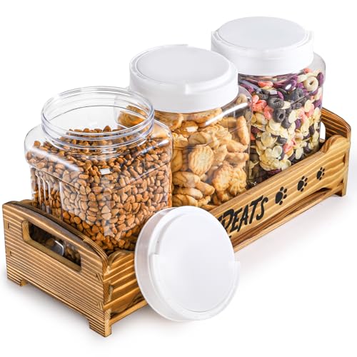 Tlence Dog Treats Container with 3 Plastic Jars, Dog Food Storage Canister with Wooden Stand, Airtight Pet Treat Holder for Dogs and Cats, Dog Snacks Treat Organizer with Scoop for Kitchen Counter - Image 4
