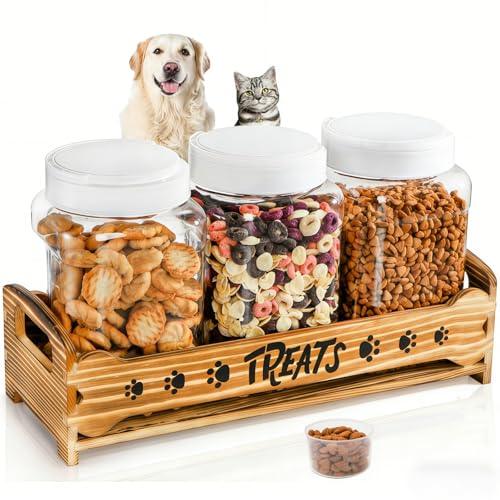 Tlence Dog Treats Container with 3 Plastic Jars, Dog Food Storage Canister with Wooden Stand, Airtight Pet Treat Holder for Dogs and Cats, Dog Snacks Treat Organizer with Scoop for Kitchen Counter - Image 1
