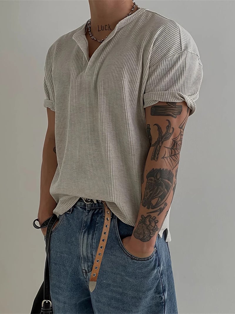 Henry Collar Waffle Short-Sleeved T-Shirt Men'S Summer American Simple Bottoming Top Lightweight Breathable Side Slit T-Shirt - Image 2