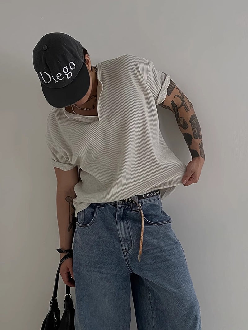 Henry Collar Waffle Short-Sleeved T-Shirt Men'S Summer American Simple Bottoming Top Lightweight Breathable Side Slit T-Shirt - Image 3