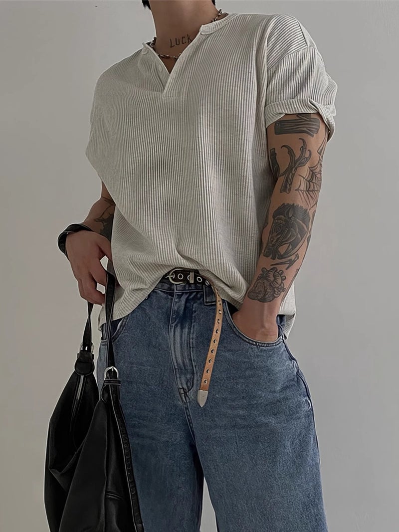 Henry Collar Waffle Short-Sleeved T-Shirt Men'S Summer American Simple Bottoming Top Lightweight Breathable Side Slit T-Shirt - Image 4