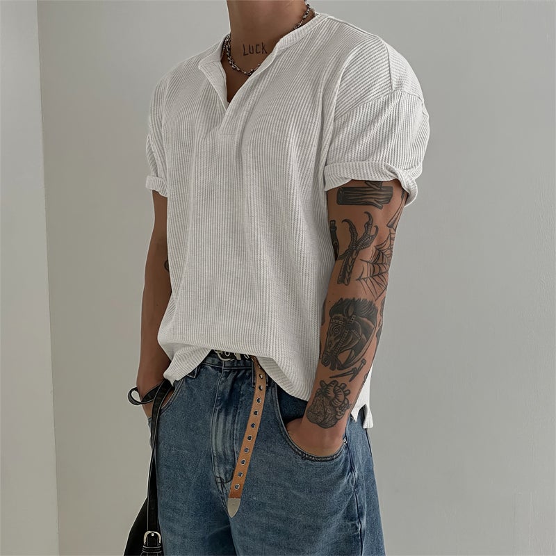 Henry Collar Waffle Short-Sleeved T-Shirt Men'S Summer American Simple Bottoming Top Lightweight Breathable Side Slit T-Shirt - Image 1