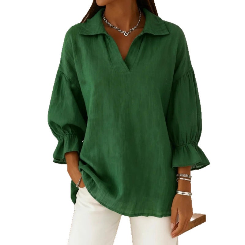 Women's Solid Color V-Neck Long Sleeve Blouse - Image 5