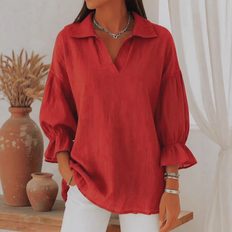 Women's Solid Color V-Neck Long Sleeve Blouse - Image 3