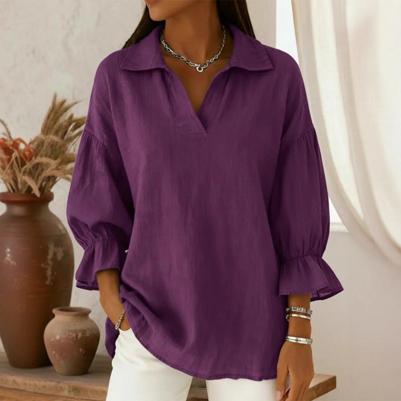 Women's Solid Color V-Neck Long Sleeve Blouse - Image 4