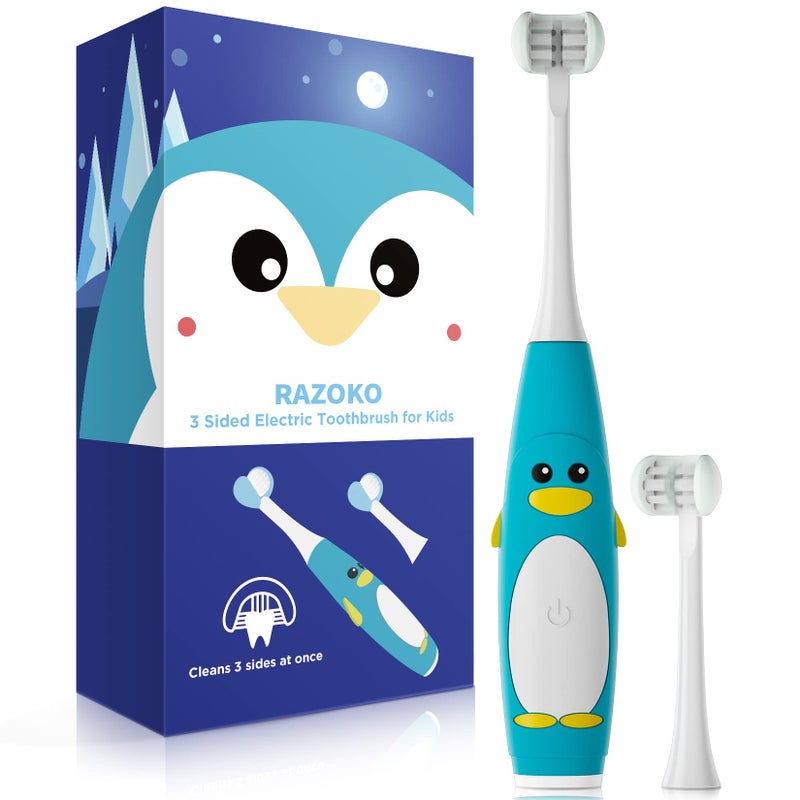 RAZOKO فرشاة أسنان كهربائية للأطفال RAZOKO، فرشاة ثلاثية الجوانب، فرشاة صوتية للأطفال مع رأسين للفرشاة، مؤقت ذكي مع 5 إعدادات، مقاومة للماء IPX7، كابل USB - Image 1