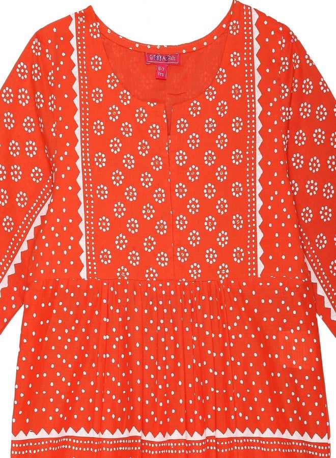 BIBA Girl's Cotton Kurta, Palazzo (KWMRNMGR6113AW24ORGWHT_Orange-White - Image 2