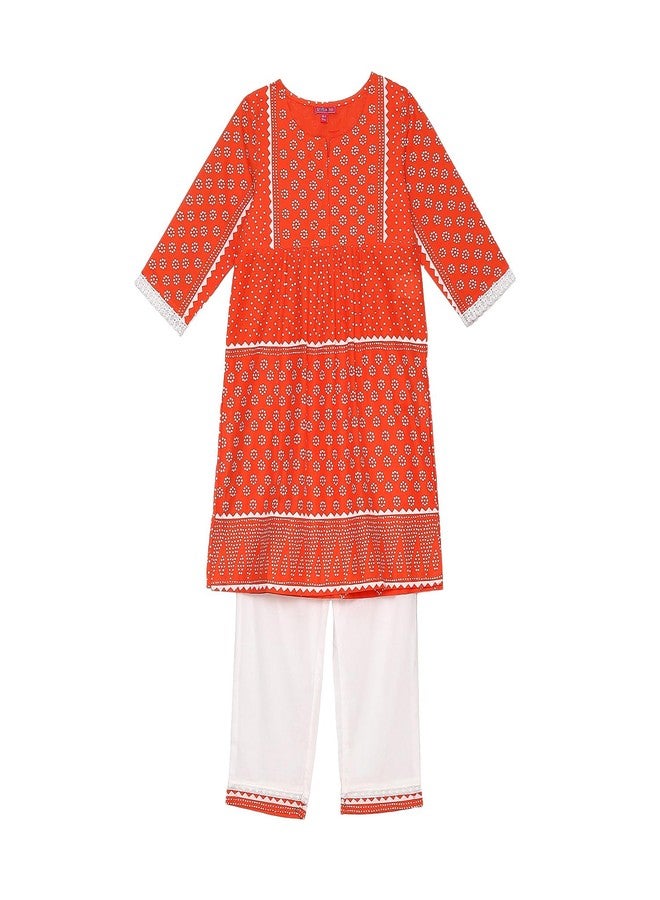 BIBA Girl's Cotton Kurta, Palazzo (KWMRNMGR6113AW24ORGWHT_Orange-White - Image 1