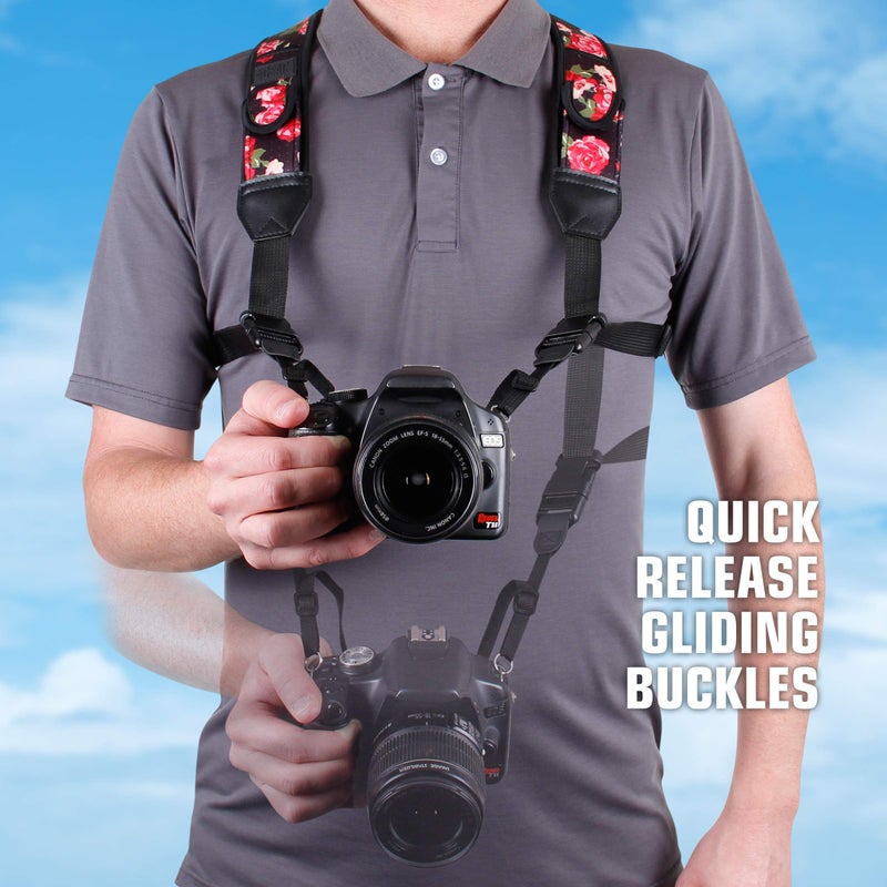USA Gear DSLR Camera Strap Chest Harness with Quick Release Buckles, Floral Neoprene Pattern and Accessory Pockets - Compatible with Canon, Nikon, Sony and More Point and Shoot and Mirrorless Cameras - Image 2