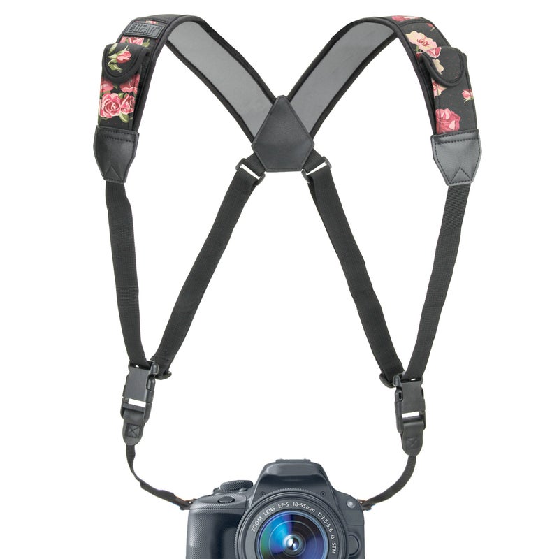 USA Gear DSLR Camera Strap Chest Harness with Quick Release Buckles, Floral Neoprene Pattern and Accessory Pockets - Compatible with Canon, Nikon, Sony and More Point and Shoot and Mirrorless Cameras - Image 1