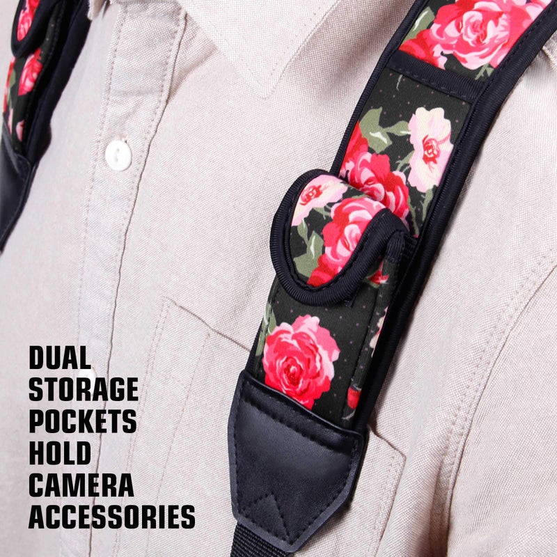 USA Gear DSLR Camera Strap Chest Harness with Quick Release Buckles, Floral Neoprene Pattern and Accessory Pockets - Compatible with Canon, Nikon, Sony and More Point and Shoot and Mirrorless Cameras - Image 3