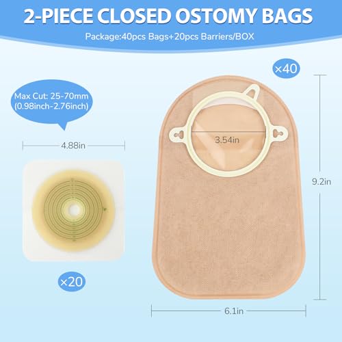 Heagimed 60pcs Ostomy Supplies Ostomy Bags 2 Piece Closed End, 2-Piece Disposable Colostomy Bags for Ileostomy Stoma Care, Travel Backup, Cut-to-Fit, 70mm Max (40 x Ostomy Bag + 20 x Skin Barrier） - Image 3