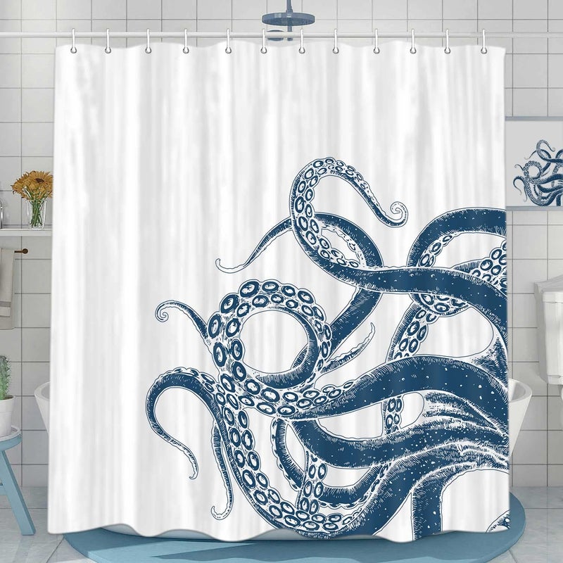 VEIGIKE Octopus Decor Shower Curtain for Bathroom  Funny Blue and White Sea Monster Kraken Animal Fabric Shower Curtains Set  Unique Novelty Nautical Kids Restroom Accessories with Hooks 72X72Inches - Image 3