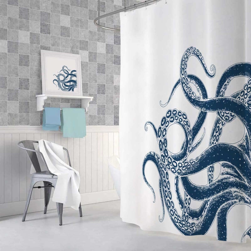 VEIGIKE Octopus Decor Shower Curtain for Bathroom  Funny Blue and White Sea Monster Kraken Animal Fabric Shower Curtains Set  Unique Novelty Nautical Kids Restroom Accessories with Hooks 72X72Inches - Image 4