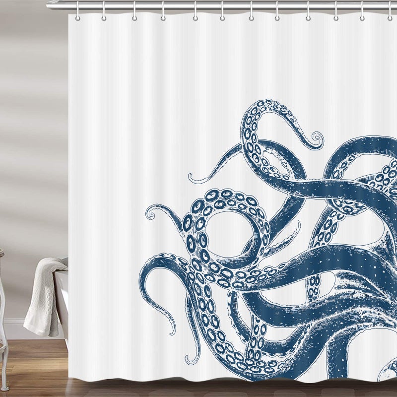 VEIGIKE Octopus Decor Shower Curtain for Bathroom  Funny Blue and White Sea Monster Kraken Animal Fabric Shower Curtains Set  Unique Novelty Nautical Kids Restroom Accessories with Hooks 72X72Inches - Image 2