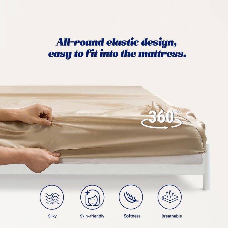 MR&HM MR&HM Satin Fitted Sheet Twin Size  Silky Bottom Sheet with Elastic Corner Straps  Deep Pocket up to 15 Inch  No More Slipping Off for Mattress - 1 Fitted Sheet Only (Champagne)  - Image 5