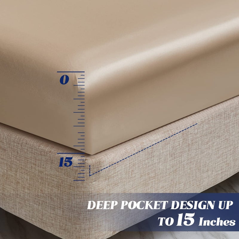 MR&HM MR&HM Satin Fitted Sheet Twin Size  Silky Bottom Sheet with Elastic Corner Straps  Deep Pocket up to 15 Inch  No More Slipping Off for Mattress - 1 Fitted Sheet Only (Champagne)  - Image 4