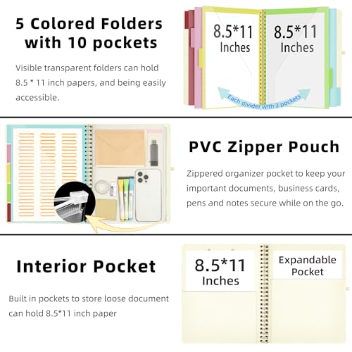 Ospelelf Foldable Spiral Clipboard Folio with Storage Zipper Pouch, 5 Plastic Folders with 10 Pockets, Refillable Lined Notepad (11" x 8.5"), Linen Hardcover Project Organizer (Beige) - Image 2