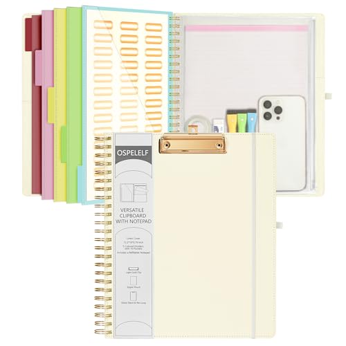 Ospelelf Foldable Spiral Clipboard Folio with Storage Zipper Pouch, 5 Plastic Folders with 10 Pockets, Refillable Lined Notepad (11" x 8.5"), Linen Hardcover Project Organizer (Beige) - Image 1