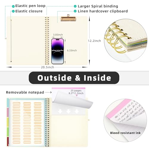 Ospelelf Foldable Spiral Clipboard Folio with Storage Zipper Pouch, 5 Plastic Folders with 10 Pockets, Refillable Lined Notepad (11" x 8.5"), Linen Hardcover Project Organizer (Beige) - Image 3