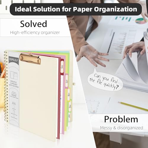 Ospelelf Foldable Spiral Clipboard Folio with Storage Zipper Pouch, 5 Plastic Folders with 10 Pockets, Refillable Lined Notepad (11" x 8.5"), Linen Hardcover Project Organizer (Beige) - Image 5