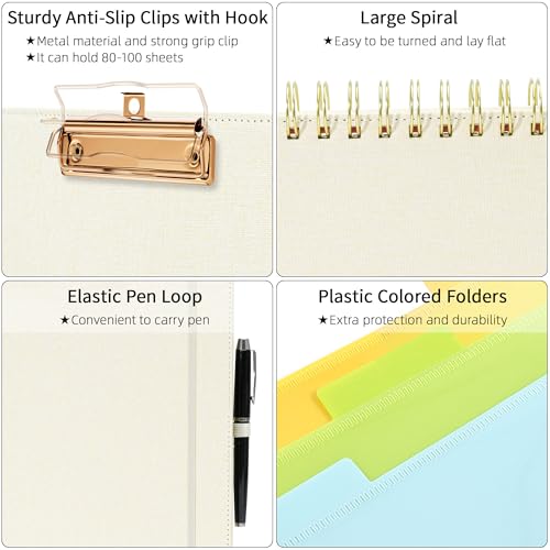Ospelelf Foldable Spiral Clipboard Folio with Storage Zipper Pouch, 5 Plastic Folders with 10 Pockets, Refillable Lined Notepad (11" x 8.5"), Linen Hardcover Project Organizer (Beige) - Image 4