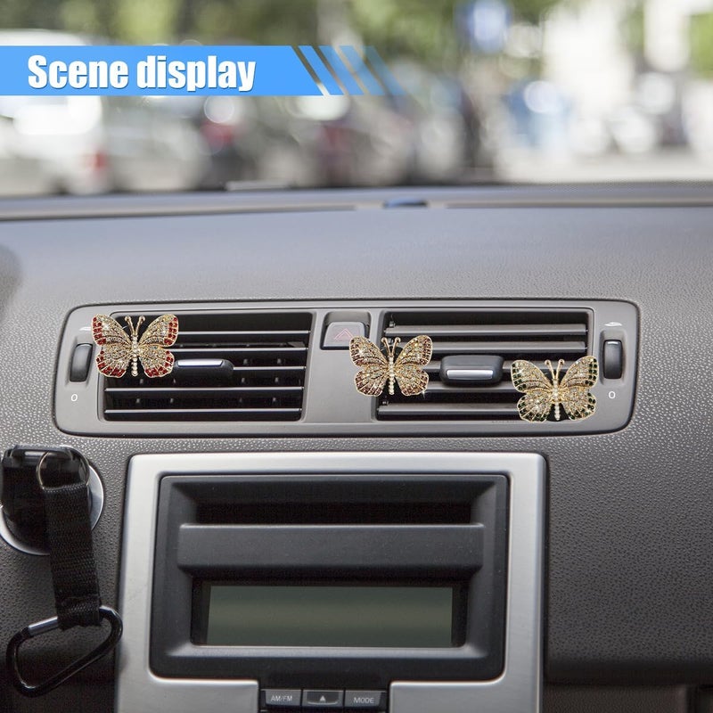 LHDOS 3PCS Bling Butterfly Car Dashboard Air Vent Trim Clips, Crystal Rhinestone Car Diffuser Air Conditioner Outlet Clip, Air Freshener Vent Clip Car Interior Decoration Clip for Women (Purple/Green/Red) - Image 4