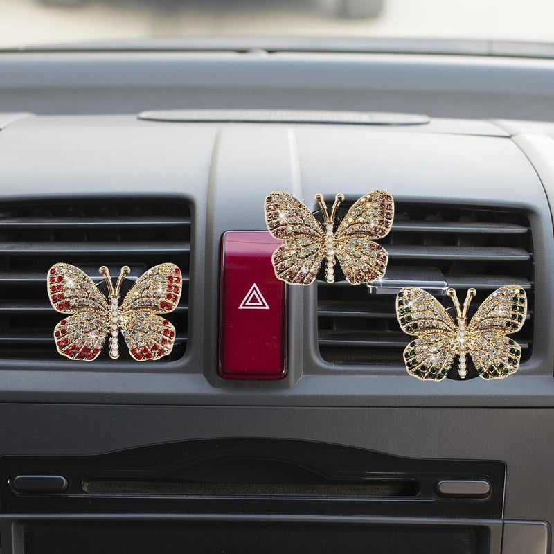 LHDOS 3PCS Bling Butterfly Car Dashboard Air Vent Trim Clips, Crystal Rhinestone Car Diffuser Air Conditioner Outlet Clip, Air Freshener Vent Clip Car Interior Decoration Clip for Women (Purple/Green/Red) - Image 1