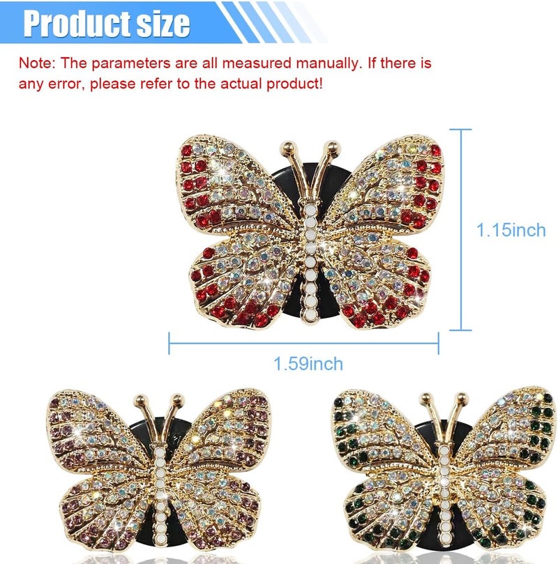 LHDOS 3PCS Bling Butterfly Car Dashboard Air Vent Trim Clips, Crystal Rhinestone Car Diffuser Air Conditioner Outlet Clip, Air Freshener Vent Clip Car Interior Decoration Clip for Women (Purple/Green/Red) - Image 2