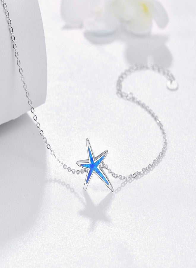 Cuoka 925 Sterling Silver with Blue Fire Opal Starfish Adjustable Bracelet, Beach Nautical Tiny Jewelry Easter Mother Day for Women Girlfriend with Box - Image 2