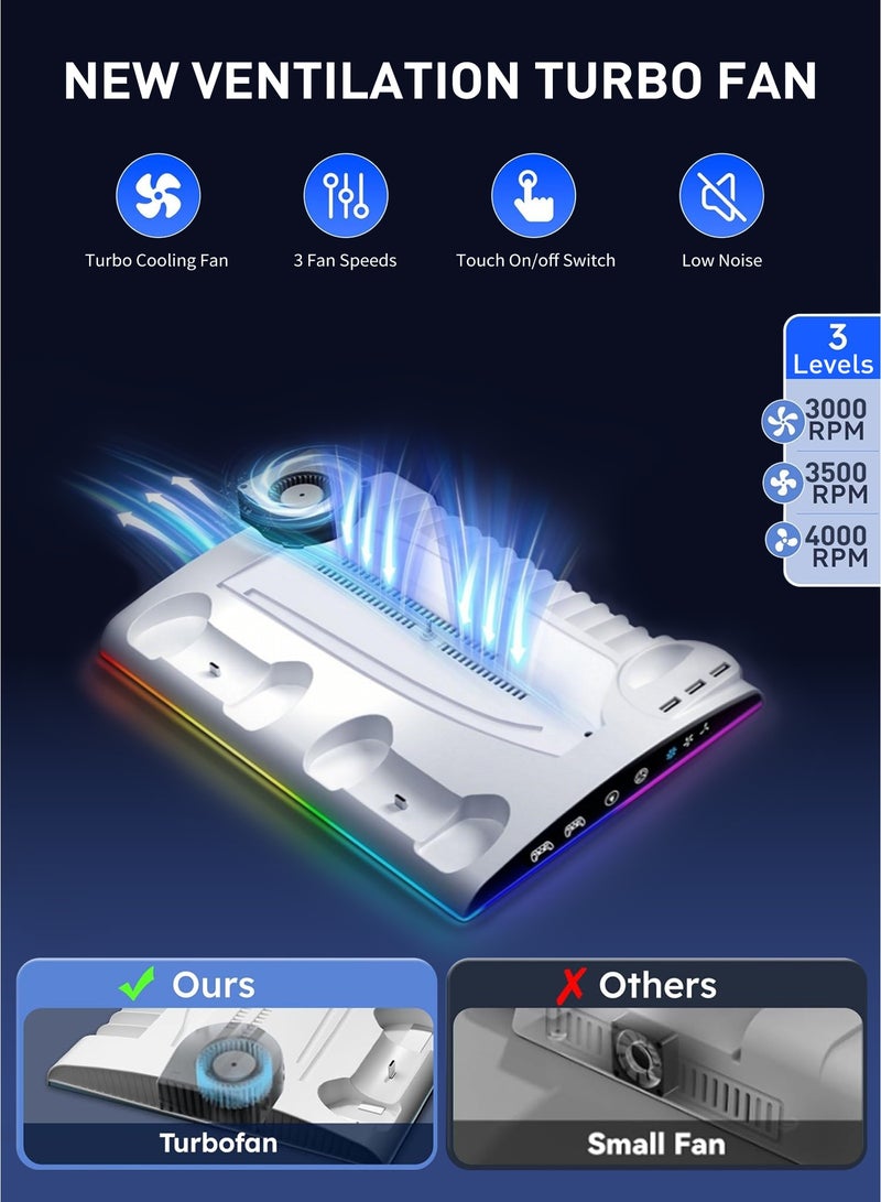 دوبي حامل PS5 متعدد الوظائف مع مروحتين تبريد، محطة شحن وحدات تحكم، منافذ USB، إضاءة RGB LED، حامل سماعات الرأس، فتحة ألعاب لأجهزة PS5 و PS5 Slim و PS5 Pro للاستخدام اليومي والمنزلية والهدايا - Image 5