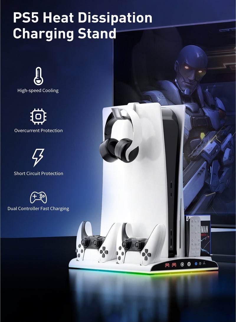 دوبي حامل PS5 متعدد الوظائف مع مروحتين تبريد، محطة شحن وحدات تحكم، منافذ USB، إضاءة RGB LED، حامل سماعات الرأس، فتحة ألعاب لأجهزة PS5 و PS5 Slim و PS5 Pro للاستخدام اليومي والمنزلية والهدايا - Image 2