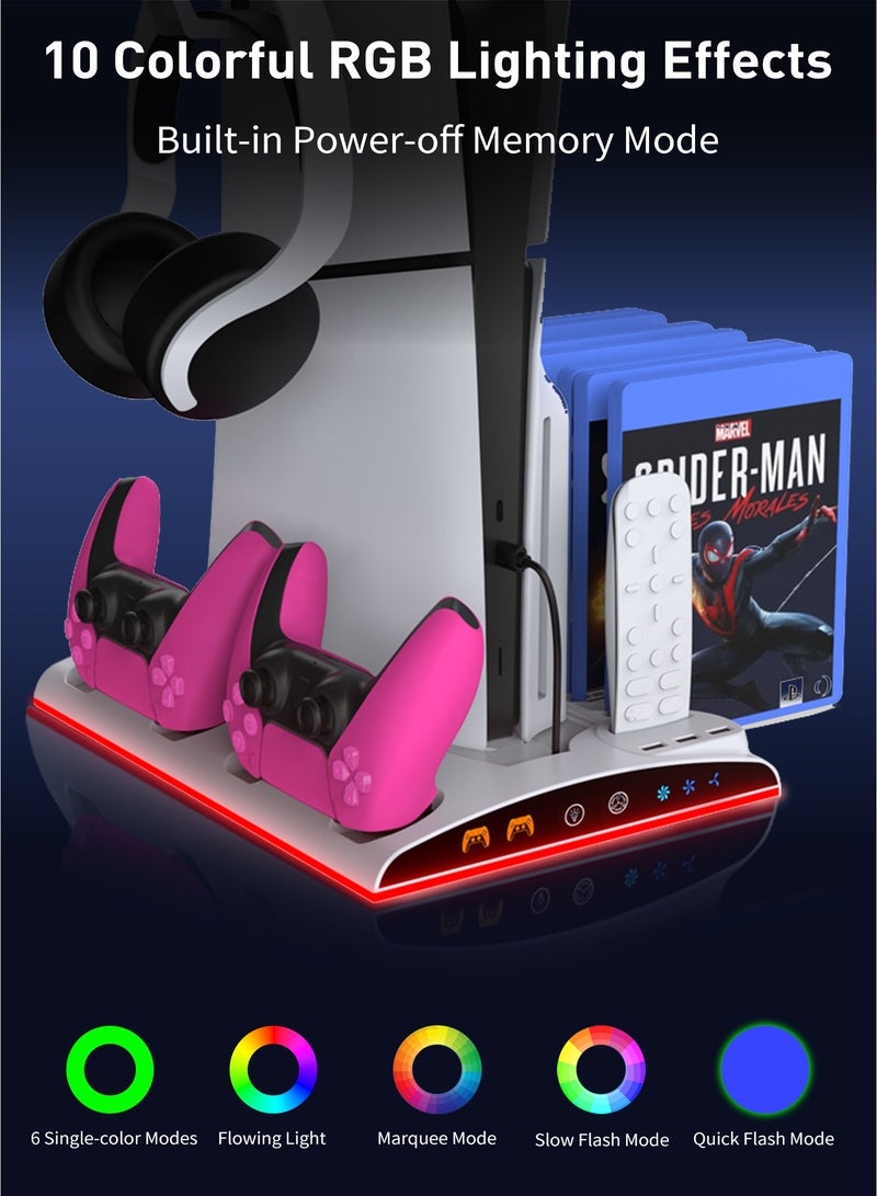 دوبي حامل PS5 متعدد الوظائف مع مروحتين تبريد، محطة شحن وحدات تحكم، منافذ USB، إضاءة RGB LED، حامل سماعات الرأس، فتحة ألعاب لأجهزة PS5 و PS5 Slim و PS5 Pro للاستخدام اليومي والمنزلية والهدايا - Image 3