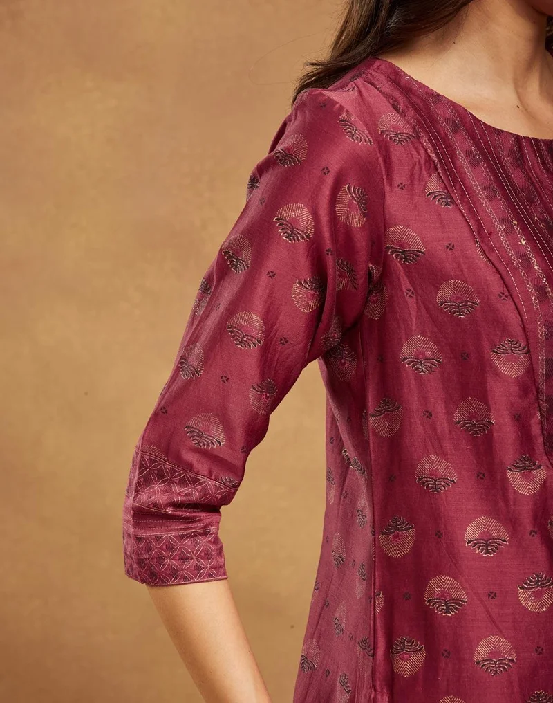 Fabindia Maroon Cotton Silk Hand Block Print Long Kurta