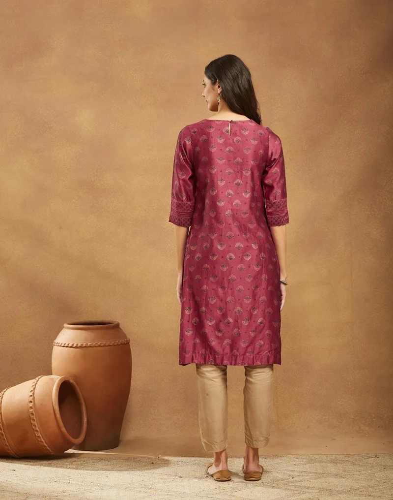 Fabindia Maroon Cotton Silk Hand Block Print Long Kurta