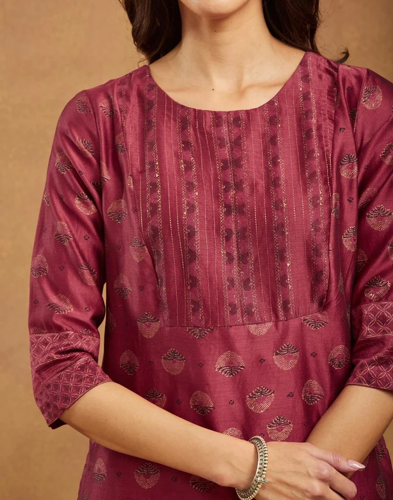 Fabindia Maroon Cotton Silk Hand Block Print Long Kurta