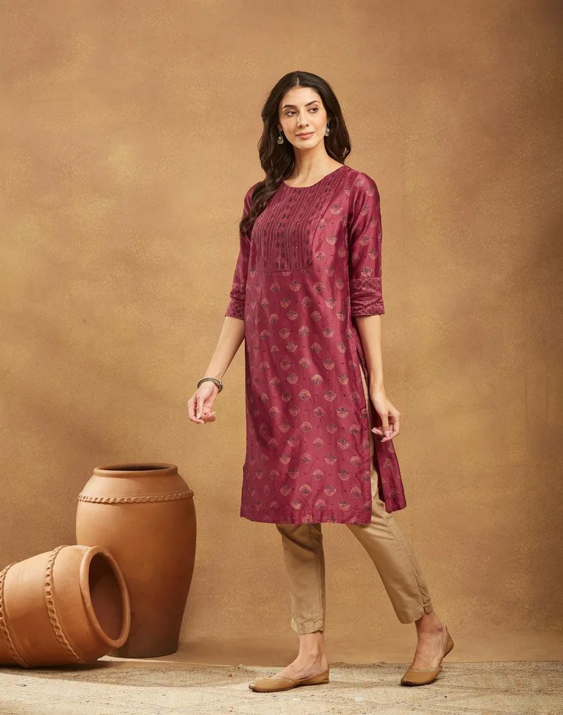 Fabindia Maroon Cotton Silk Hand Block Print Long Kurta