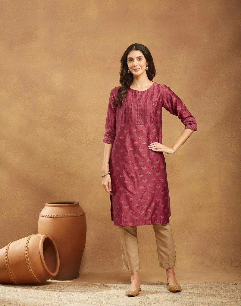 Fabindia Maroon Cotton Silk Hand Block Print Long Kurta