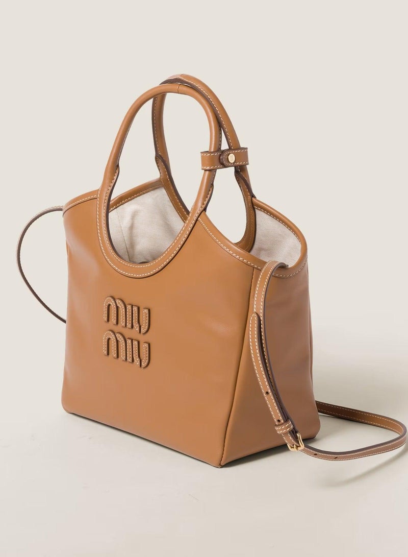 Miu Miu MIU IVY Leather Tote Bag, Women's Hand Bag, Women's Hobo Bag, Women's Shoulder Bag, Women's Cross Body Bag, Women's Travel Bag, Brown - Image 3