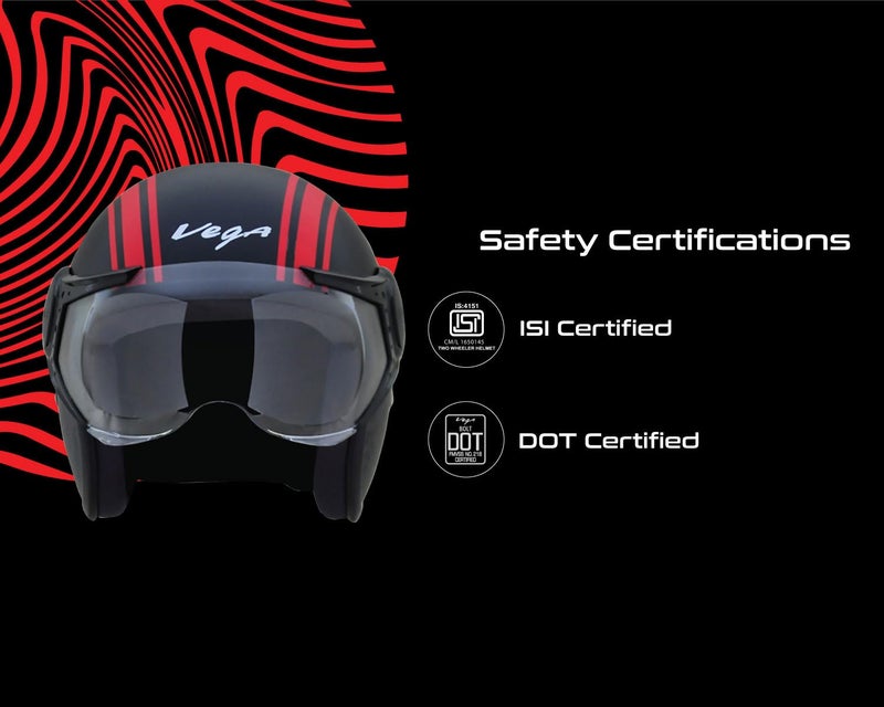 Vega Jet Old School ISI DOT Certified Matt Finish Open Face Helmet for Men and Women with Clear Visor(Dull Black Red, Size:M) - Image 3