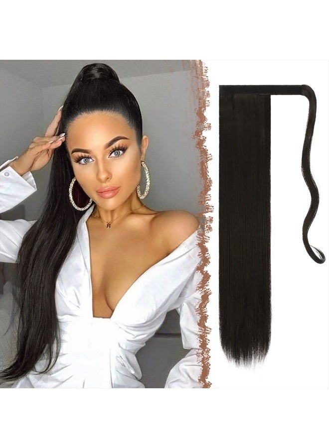 FESHFEN إضافات ذيل حصان مستقيمة طويلة 24 بوصة باللون الأسود والبني مع لف حول ذيل حصان صناعي قطع شعر ذيل حصان إضافات شعر قطع للنساء والفتيات - Image 1